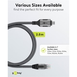 goobay Ethernet-Kabel USB-C 3.2 Gen2 Stecker > RJ-45 Stecker, LAN-Adapter schwarz/silber, 2 Meter, geflochtener Textilmantel